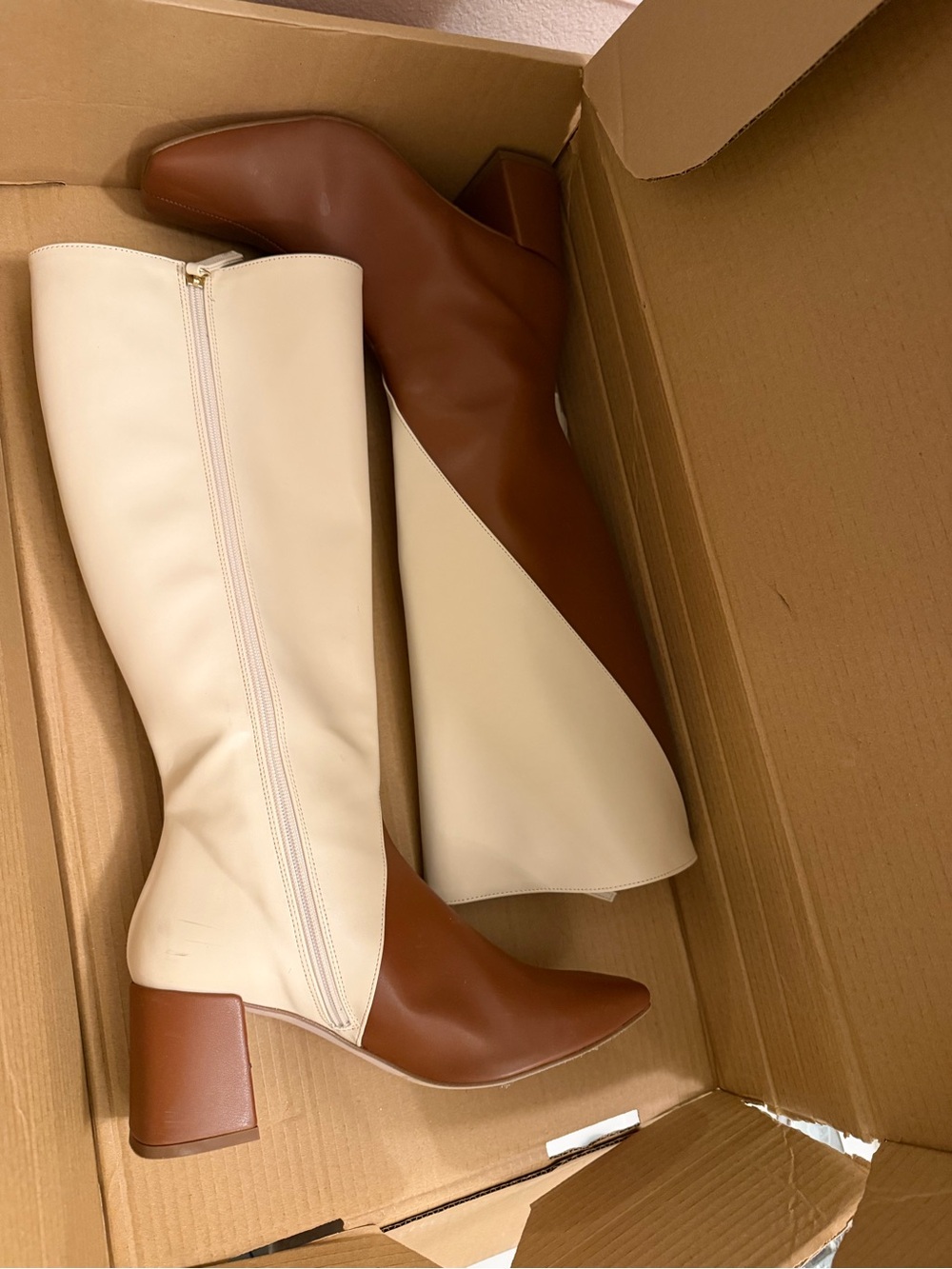 Alohas Two-Tone Brown and Cream Knee-High Block Heel Boots - Women's - Picture 4 of 5
